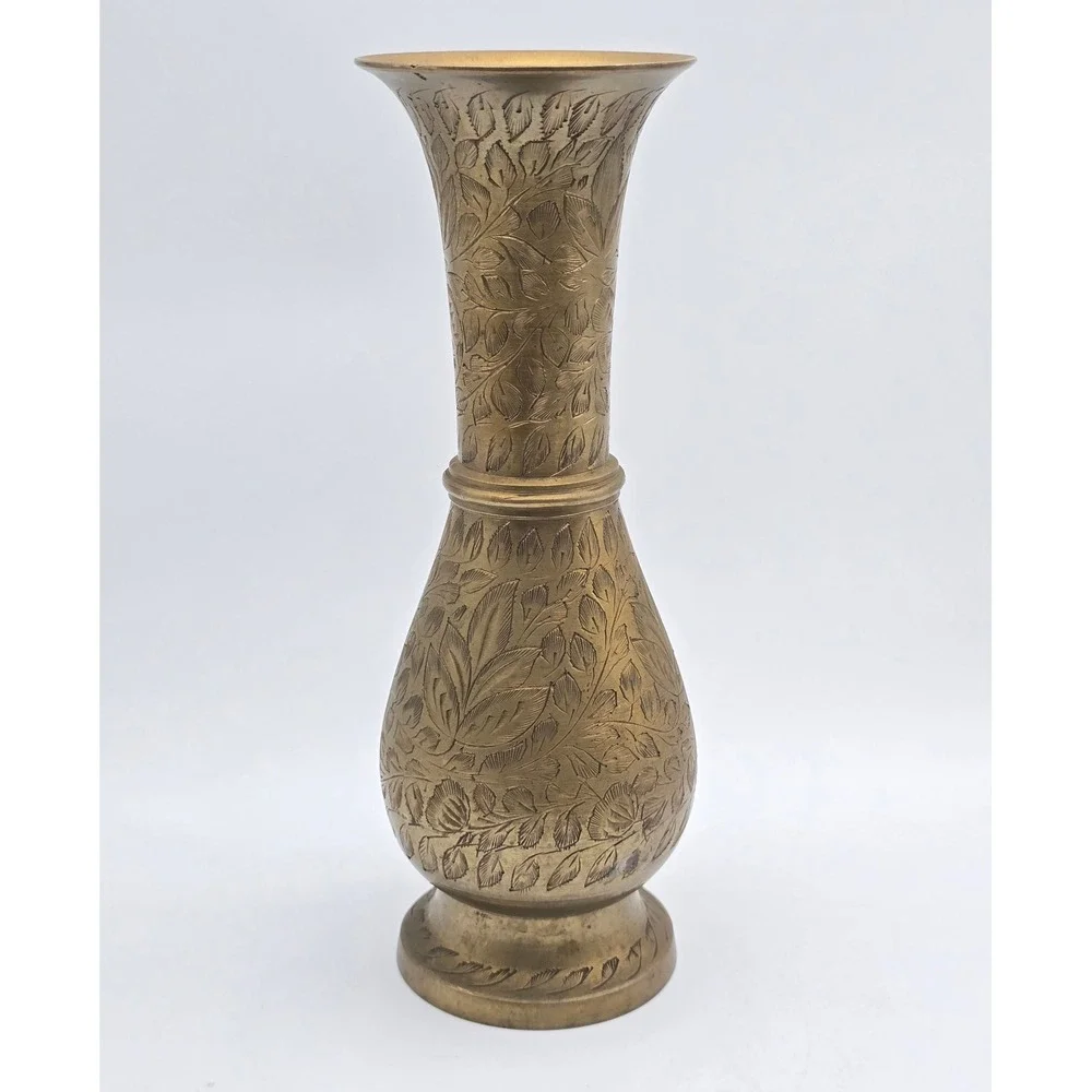 Vintage Etched Brass Vase Floral Hand Engraved Made in India 8.5 Inch Boho Decor